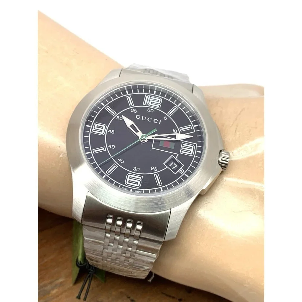 Gucci Men's Watch YA126201 G-Timeless Swiss Quartz Black Dial Silver Steel 44mm
